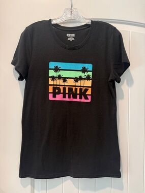 PINK Black Tee with Sunset Palm Graphic